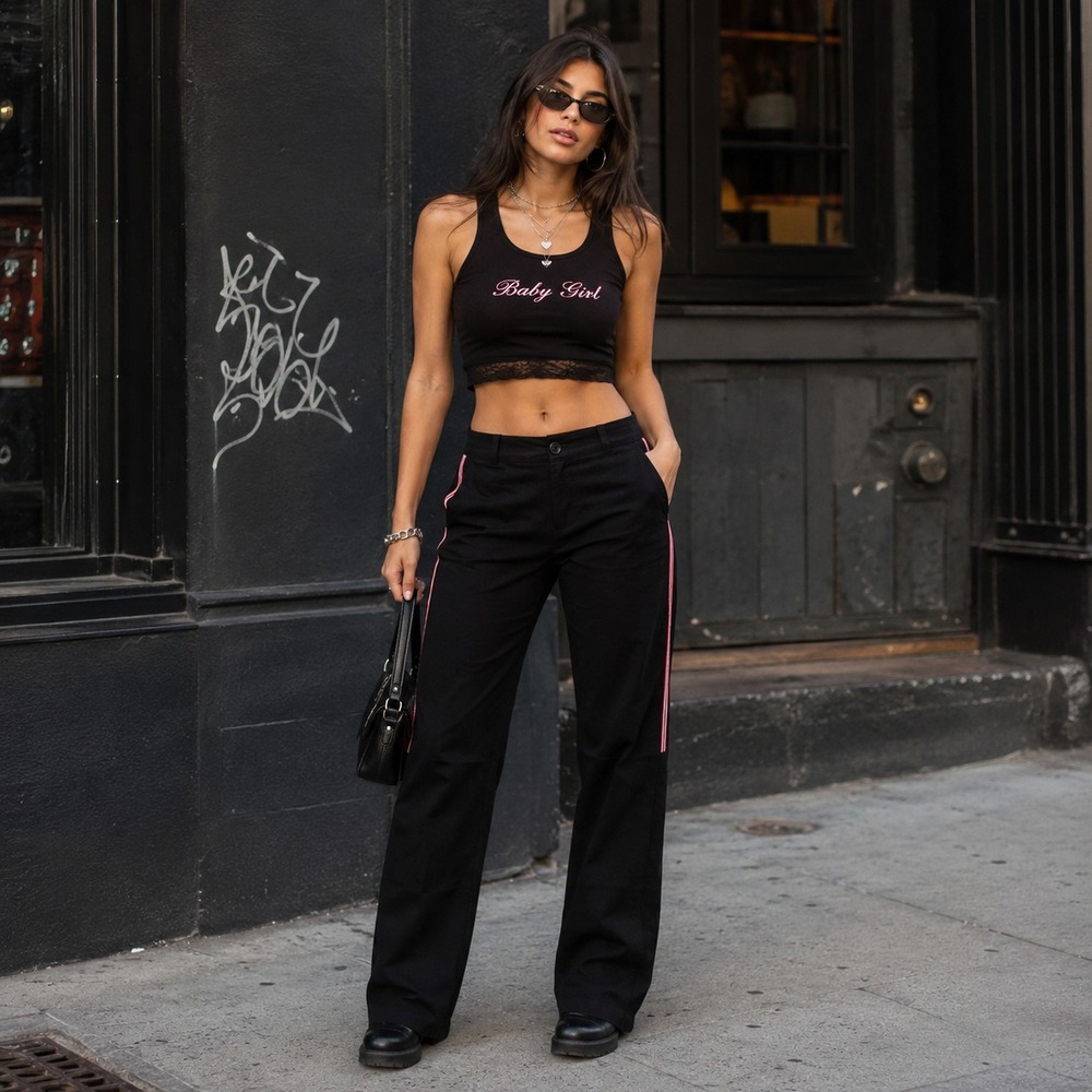 Nasty Gal Black Wide Leg Pants sz 6 Red Side Stripe Y2K Sporty Chic Athleisure - Picture 10 of 10
